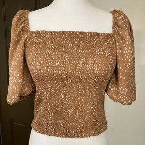 BB Dakota Steve Madden Womens Smocked Crop Top Ruffle Puff Sleeve Brown